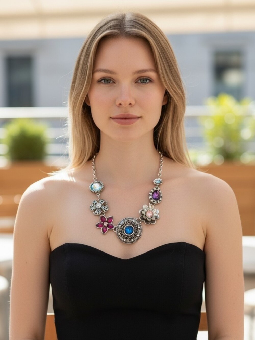 Vintage-Inspired Floral Statement Necklace with Multicolored Gems